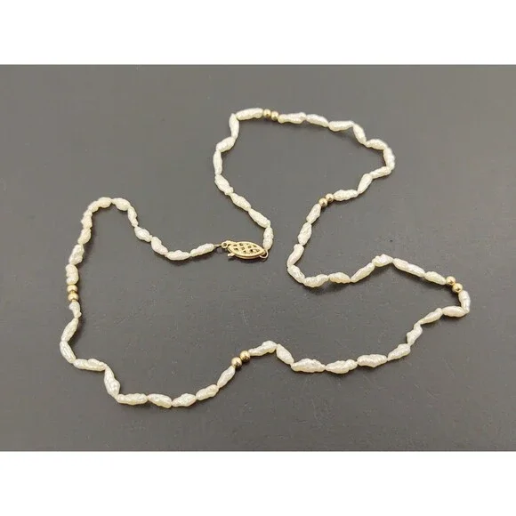 Vintage Freshwater Rice Pearl Necklace 17" w/ 14K Gold Bead Spacers & Clasp - Picture 3 of 12